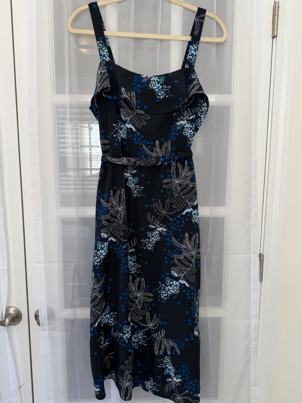 Banana Republic Floral Midi Dress Belted Ruffle Neck Black Blue Size 6